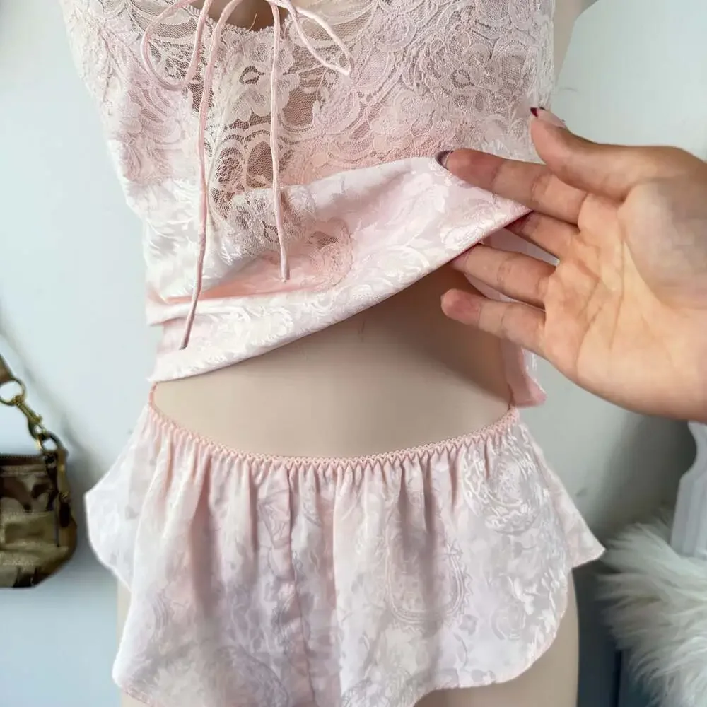 Vintage Victoria's Secret Gold label Pink Satin Lingerie set